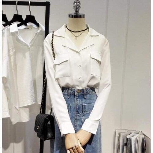 Womens spring autumn Long sleeve pocket white chiffon shirt female casual loose basic OL Shirt plus size chic Blouse TB546