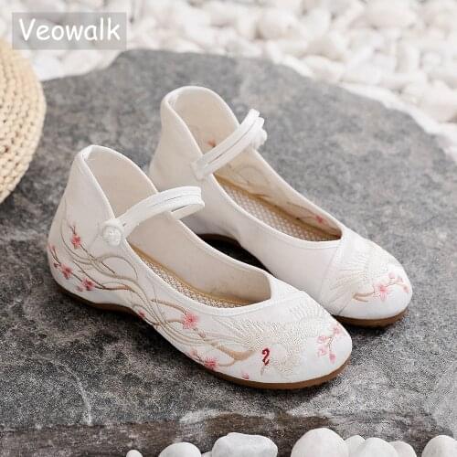 Veowalk Phoenix Embroidered Women Cotton Fabric Ballet Flats Ankle Strap Elegant Ladies Casual Comfortable Walking Shoes