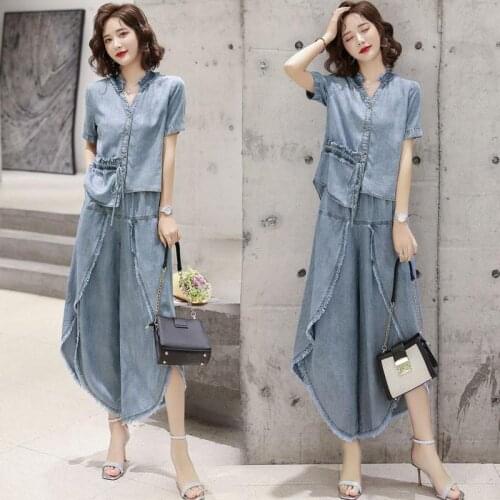 Summer Loose Age Reducing And Meat Covering Large Size Womens 2021 Fashion Two Piece Set The Cowboy Suit Club Clothes Crop Top