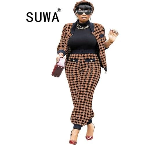 Classic Fashion Plaid Two Piece Outfits For Women Office Matching Sets Long Sleeve Coats Top Pants Trousers Work Wear Wholesale