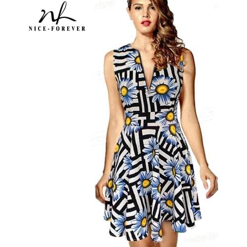 Nice-forever Summer Women Retro Floral Print mini Dresses Casual A-line Swing Sun Dress B217