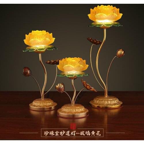 A PAIR 2PCS Buddhism high grade HOME Temple shrine enshrine worship Guanyin Buddha good luck safe lotus flower crystal lamp