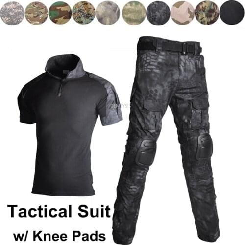 Army Military Uniform Camouflage Tactical Combat Suit Airsoft CS War Game Clothing Short Sleeve Shirt + Pants with Knee Pads