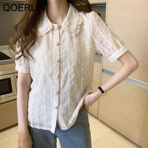 QOERLIN Hollow Out Chiffon Shirt Fashion Peter Pan Collar White Girly Shirt Short Sleeve Single-Breasted Embroidered Tops Blouse