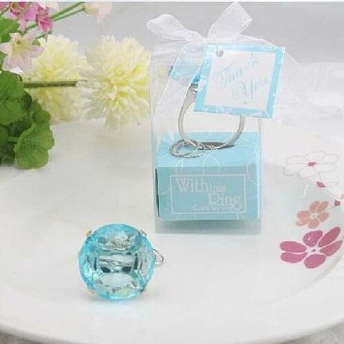 Free shipping 100PCS/LOT With this ring Blue color diamond keychain Beautiful key ring Best wedding favors and gifts in china