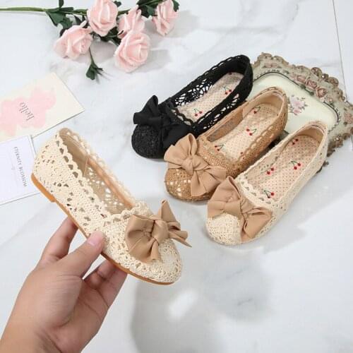 Summer Girl Shoes Hollow Out Breathable Bowtie Princess Sandals Cute Vintage Classical Soft Leather Toddler Sandals Children New