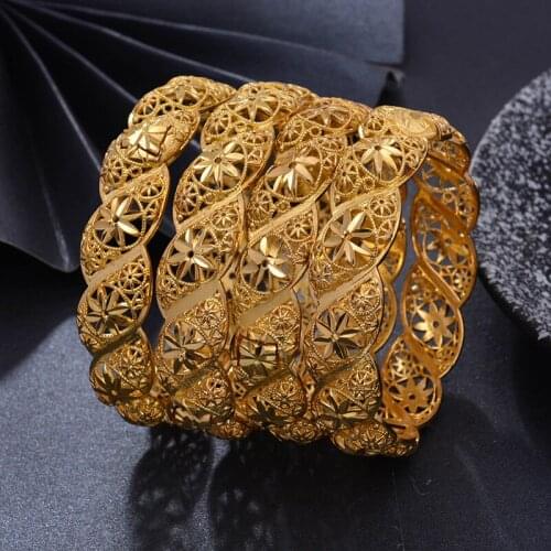 Wando 4Pcs/lot Gold Colour Bangle for Women Round Hollow Pattern Fine Bracelet Ethiopia/Dubai Jewelry Gifts Ramadan Newest