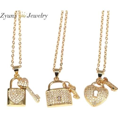 10PCS, Gold Chain Heart Key Padlock Necklaces Pendant For Women CZ Cubic Zirconia Lock Charm Necklace Wholesale Jewelry