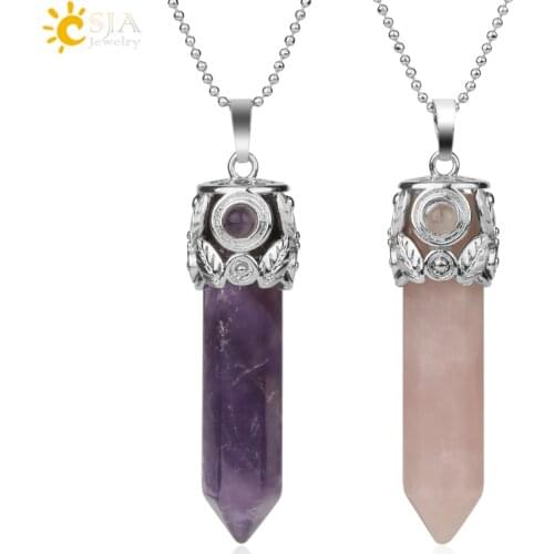 CSJA Natural Stones Healing Point Pendants Necklaces Leaf Hexagon Column Crystal Pillar Reiki Jewelry for Women Men Amulet G197
