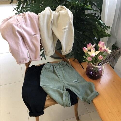 Kids Jeans Casual Elastic Waist Denim Pants Fashion Hole Korean Jeans for Girls Boys Pants 2019 Spring Autumn Children Trousers