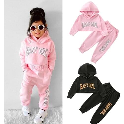 1-6Y Infant Kids Girls 2pcs Clothes Sets Letter Printed Hooded Long Sleeve Tops Pants Autumn Outfits