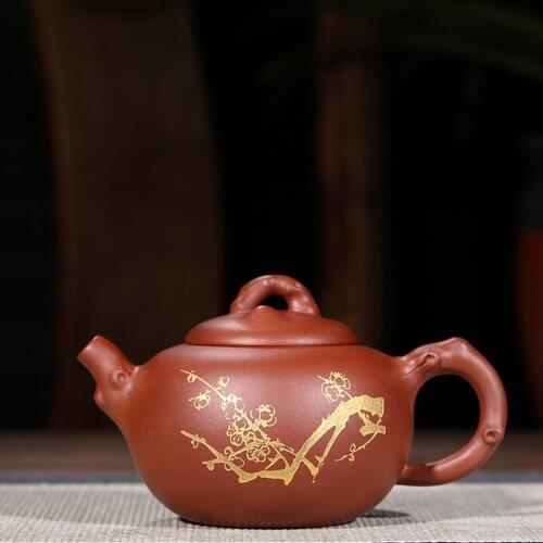 Purple Sand Pot Genuine Handmade Raw Mine Clear Cement Description Golden Plum Flower Pot Kungfu Teapot and Teaware