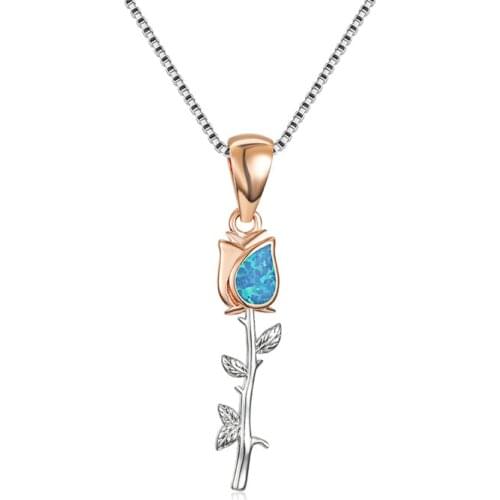Exquisite Rose Flower Pendant Necklace for Women Jewelry Accessories Girl Gift Fashion Blue Imitation Opal Necklace