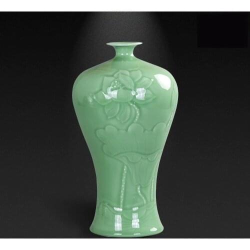 Jingdezhen Jade Jadeware Vase Vase, Flower Room Model Room lotus carving Decoration New Chinese Ceramics Ancient vase green