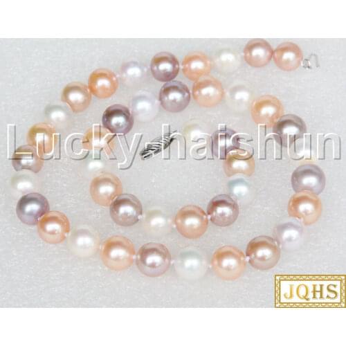 JQHS AAA+ natural 17.5" 11mm round Multi-color string freshwater pearls necklace 14K clasp j12503