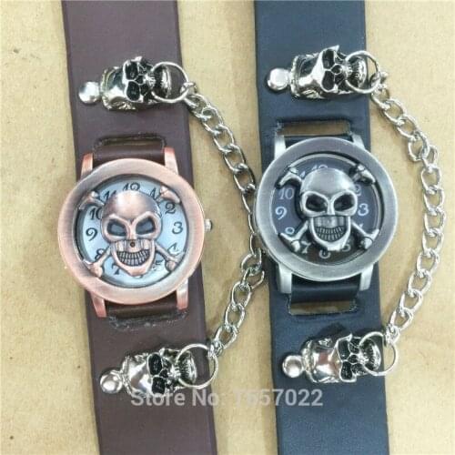 Unisex fashion Punk skull women man Bracelet Retro wristwatches men Skull and crossbones leather Bracelet Clamshell watches