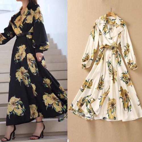 Qian Han Zi Spring Autumn Fashion Long Sleeve Women long Dress Lapel vintage Flower print Buttons High split Slim Maxi dress