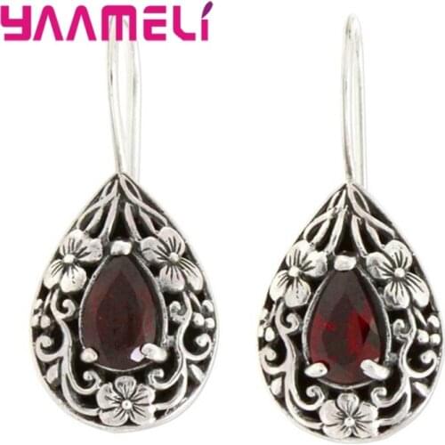 Retro Solid 925 Sterling Silver Dangel Earring for Women Waterdrop Earrings Carved Red Topaz Gemstone Garnet Jewelry Brincos