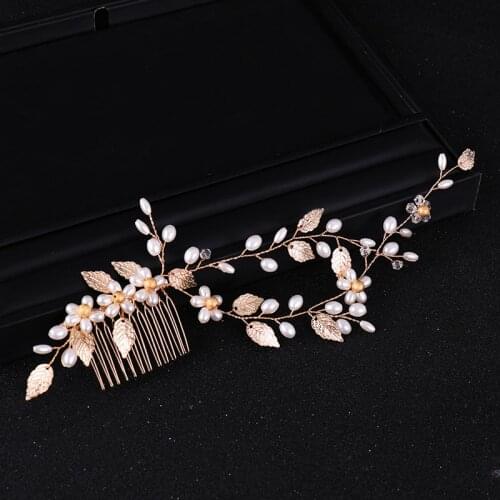 Trendy Wedding Hair Comb tiara Pearl leaf Hair Vine Bridal Headpiece Gold Handmade Bride Hair Jewelry Wedding Hair Accessories