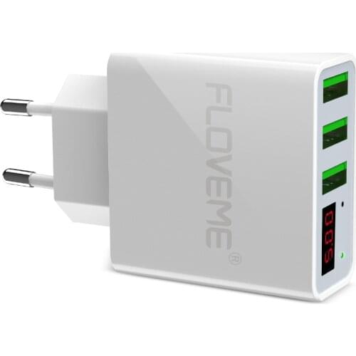 SOONHUA USB 3-port Charger 5V 3A Fast Charge Charger with Digital Display EU Plug White