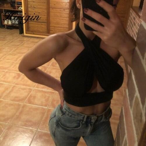 2020 New Women Sexy Backless Strappy Cross Over Vest Bandage Tank Top Bra Short Tops Halterneck Backless Tops