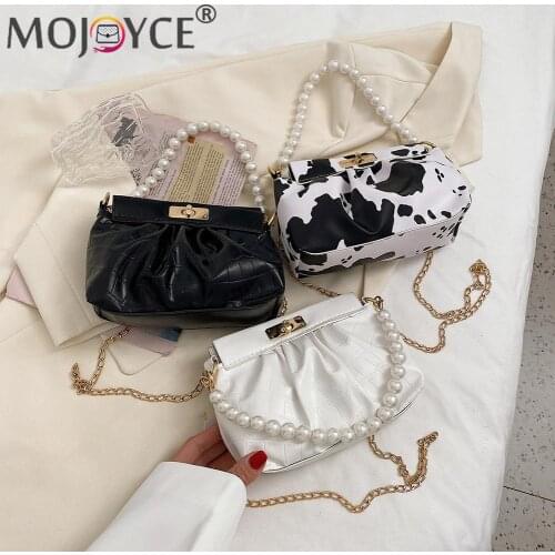 Ladies Pearl Chain Shoulder Bag Fashion Women PU Leather Alligator Cow Pattern Pleated Crossbody Shoulder Messenger Bag