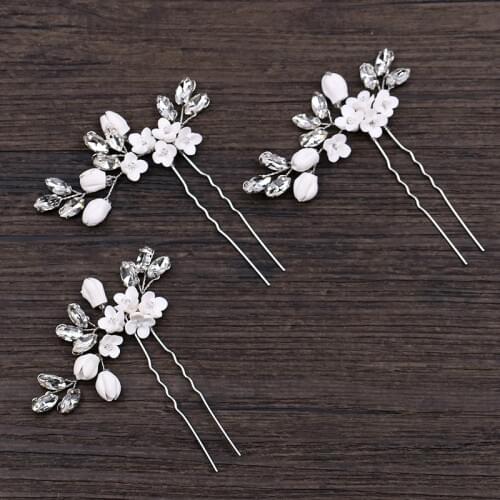GETNOIVAS 1 pc Bride Wedding Handmade Crystal Leaf White Flower Hair Pins Hair Sticks Women Bridal Veil Jewelry Hair Accessory S