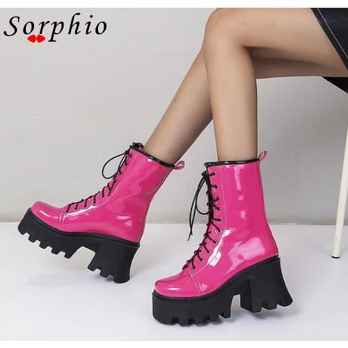 Female Motorcycle Boots Chunky Heel Lace-Up Solid Ankle Platform Shoes Woman High Quality Hot Sale Short Brand 2021 Fashion