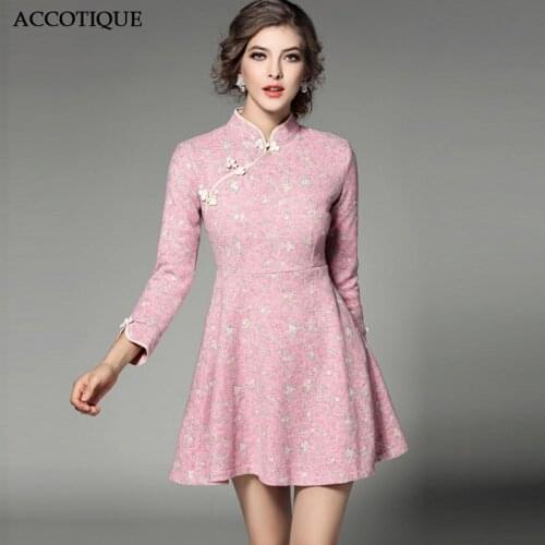 Chinese Style Womens Spring Summer Embroidery Flower Print Ball Gown Lady Fashion Pink Slim Stand Elegant Short Dresses