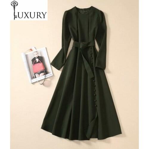 Spring Princess Womens 2020 Fashion Office Lady O-Neck Tunic Buttons Up Long Sleeve Mid-Calf Length Army Green Dress