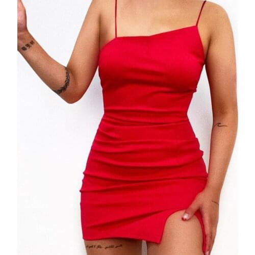 Women Elegant Dresses Slit Solid Color Sexy Bodycon Spaghetti Strap Dress Summer Backless Party Club Ladies Fashion Mini Dress
