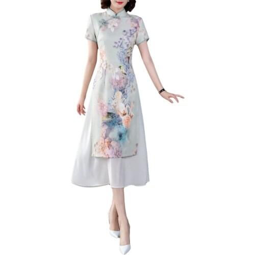 Summer Dress Chiffon Robe Vintage Chinese Style Dresses Elegant Slim Womens Clothing Landscape painting cheongsam qipao V1973