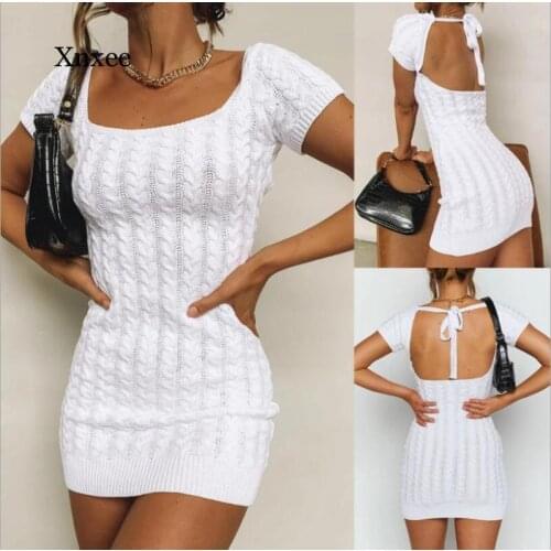 Sexy Women Summer Knitted Backless Pencil Dress Bandage Square Collar Short Sleeve High Waist Backless Slim Hips Mini Bodycon