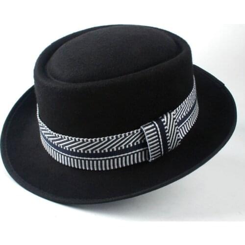 2019 Men Women Wool Pork Pie Hat With Ribbon Outdoor Travel Wild Hat Wide Brim Jazz Flat Fedora Jazz Hat Size 58CM