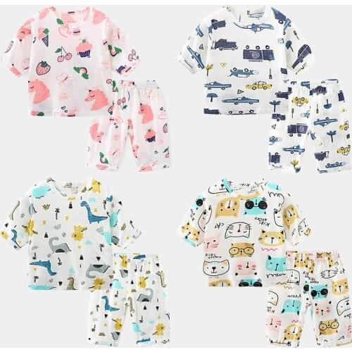 2021 Summer 2 3 4 6 8 10 Years Cartoon Animal Car Print Cotton Short Sleeve T-Shirt Sleepwear Pajama Sets For Baby Kids Boy Girl