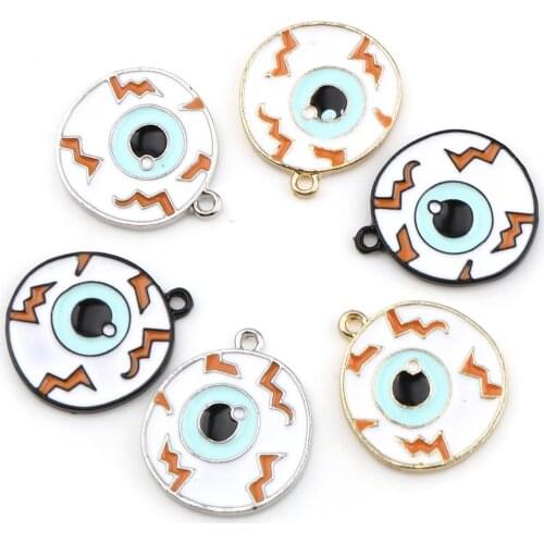 5 PCs Halloween Series Charms Pendant Zinc Based Alloy Charms Eye White & Light Blue Enamel For Necklace Making 20mm x 18mm