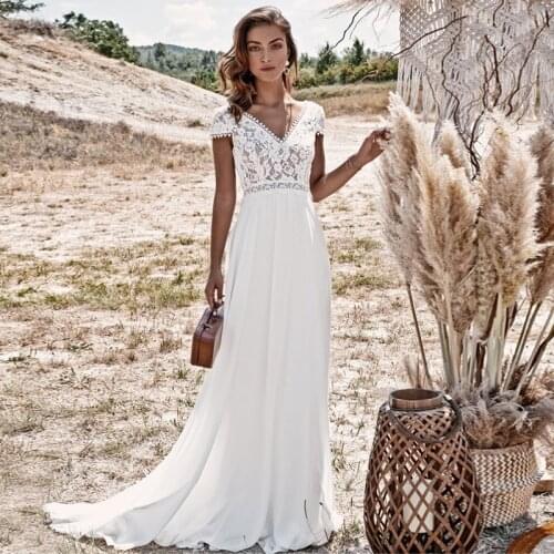 Bohemian Wedding Dresses Boho Lace Chiffon Beach Bridal Dress Floor Length V-Neck A-Line Vintage Cap Sleeves Backless Bride Gown