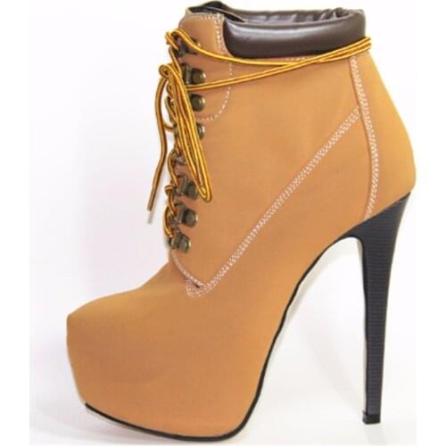 Elegant and stylish coffee color matte suede lace 16 cm high-heeled boots, womens boots. Size: 35-43