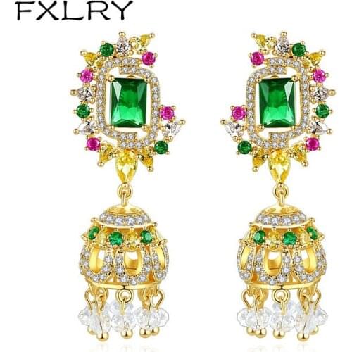 FXLRY Gorgeous AAA CZ Big Drop Earrings Women Wedding Green Stone Crystal Bright Color Tassel Fashion Jewelry