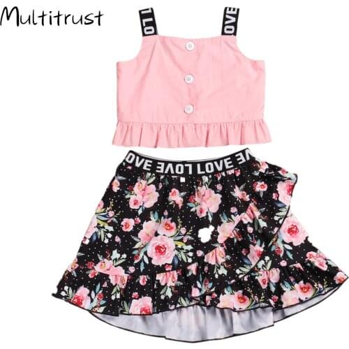 2020 Baby Summer Clothing Girl 2PCS Outfit Set Ruffle Solid Sling Button-Down Short Top Flower Irregular Elastic Band Skirt Set