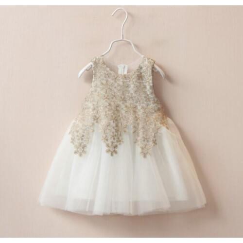 Hot Children Lace Appliques Super Beauty Dress Girls Gold/White Princess Party Dress Baby Sleeveless Gauze Mini Dress