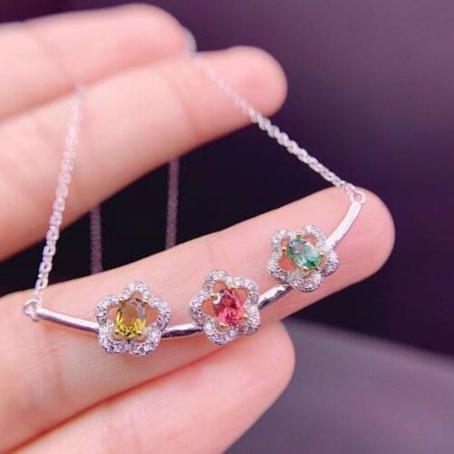 Cute smiling flower Natural Multicolor Tourmaline Necklace natural gemstone Pendant Necklace S925 silver woman anniversary gift