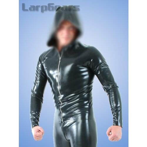 Men long sleeve latex T-shirt with cap rubber fetish exotic tank tops with front zip