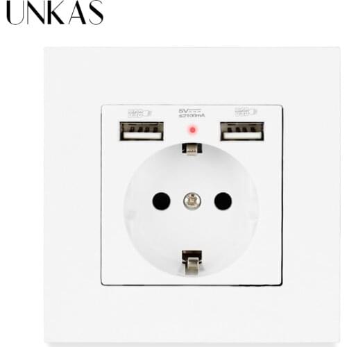 UNKAS PC Plastic Panel Wall Socket Dual USB Charging Port 2.1A 16A Russia Spain Wall Socket EU Power Outlet