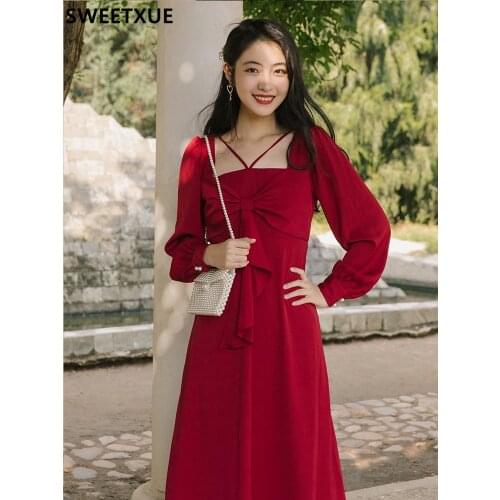 SWEETXUE 2021 Women Spring Fall Long Sleeve Retro Red Sexy Party Neck and Bow Fashion Party Dress Ladies vestidos