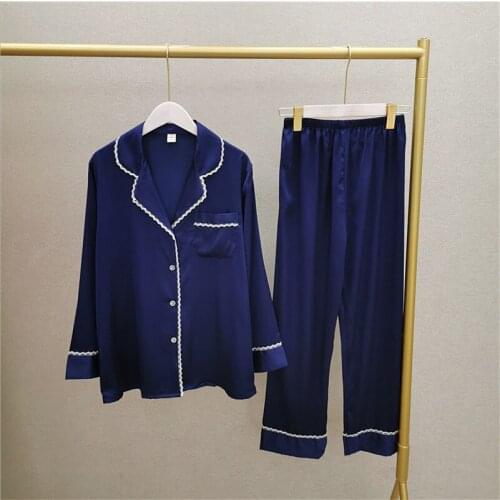 Spring Lace Trim Long Sleeve Pants Homewear Pyjamas Womens Satin Sleepwear Pajamas Suit Female Sleep Two Piece Set Loungewear