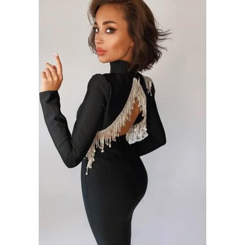 High Quality Womens Long Sleeve Sexy Backless Bodycon Mini Dress Bandage Fashion Celebrate Party Dress Performance Singer Dress