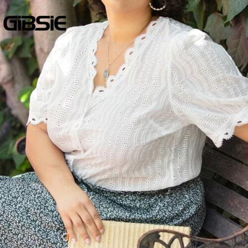 GIBSIE Plus Size Hollow out White Lace Blouse Women Summer Short Sleeve Tops Office Casual V-Neck Female Blouses 2021 New