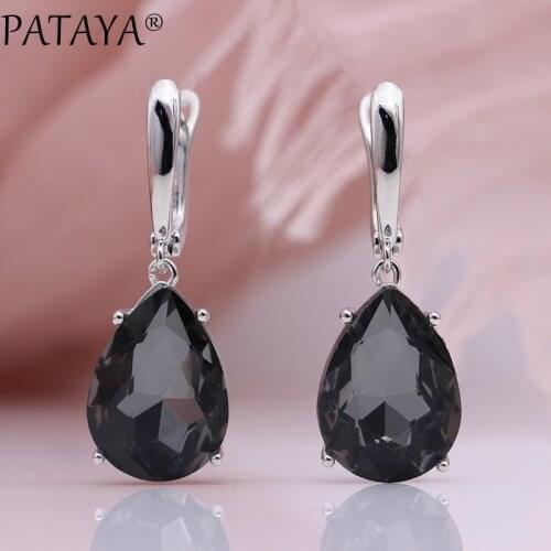 PATAYA New Big Water Drop Dangle Earrings Women Wedding Luxury Fashion Jewelry White Gold Smoke Gray Natural Zircon Long Earring