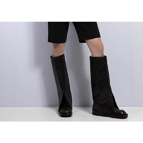 New Black White Genuine Leather 4 CM Hidden Heels V Open Knee High Knight Boots Woman Square Toe Slip On Tube Long Pants Boots